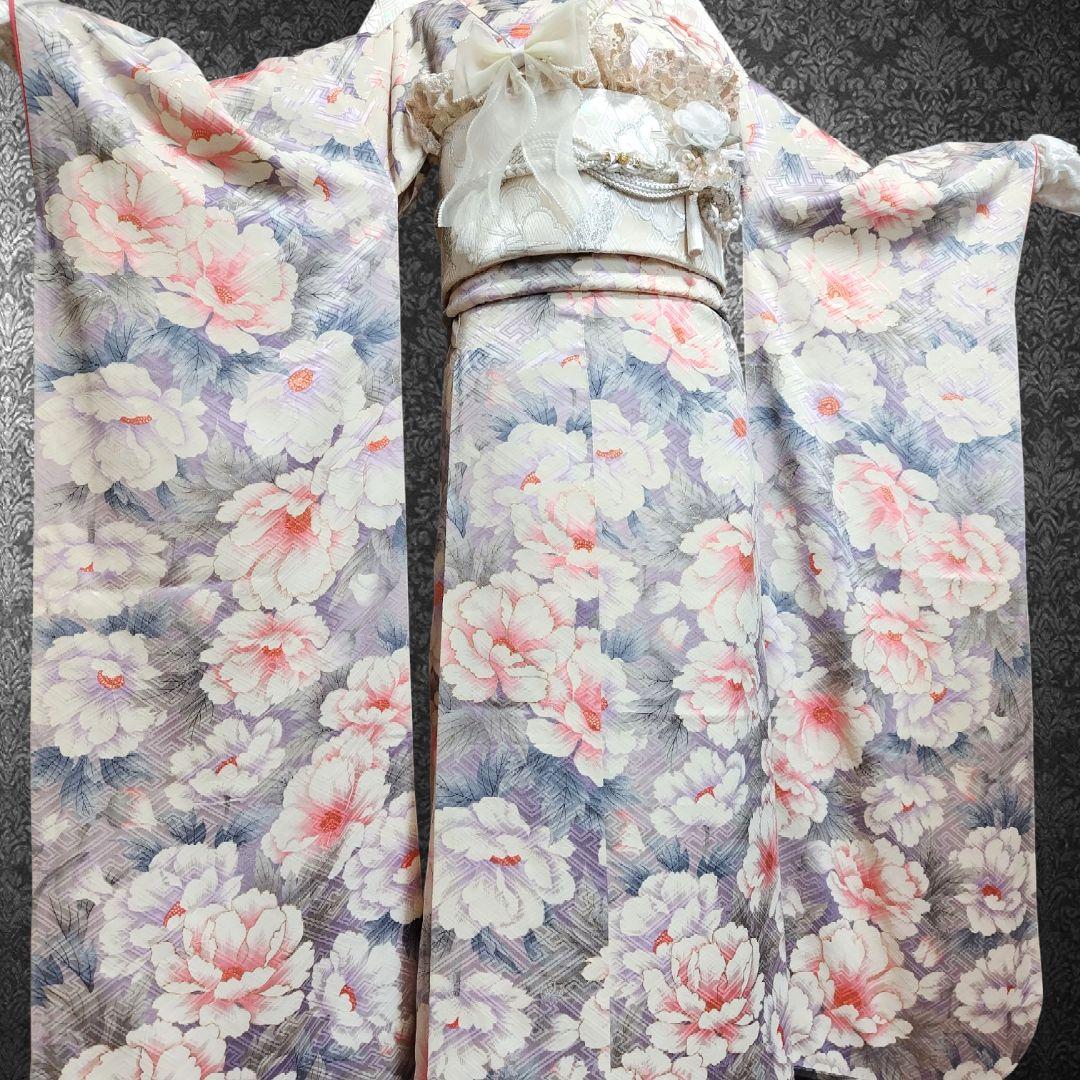 振袖フルセット(8点)・成人式・金彩加工・くすみ・花模様・やまと誂製・胴裏正絹