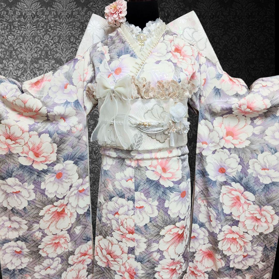 振袖フルセット(8点)・成人式・金彩加工・くすみ・花模様・やまと誂製・胴裏正絹