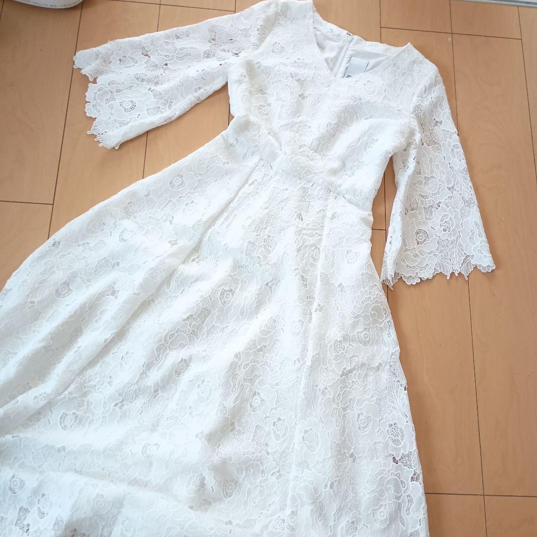 美品◆ジェンヌ　総レース8分フレア袖ワンピース　S　　ホワイト