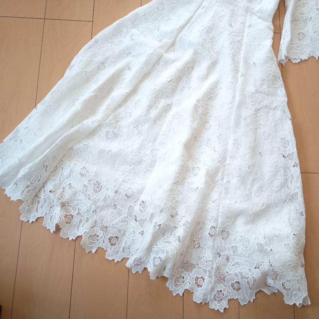 美品◆ジェンヌ　総レース8分フレア袖ワンピース　S　　ホワイト