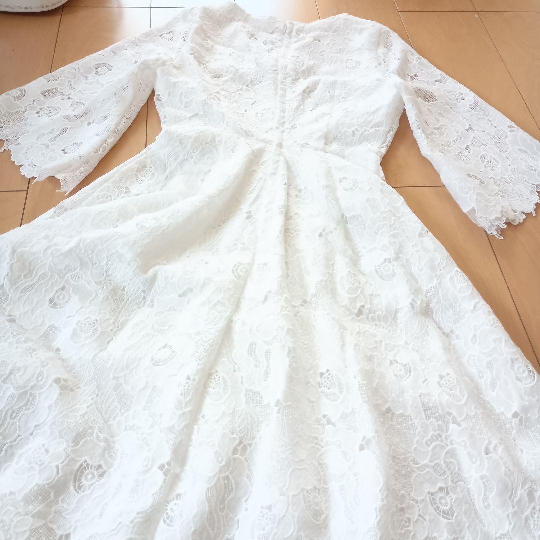 美品◆ジェンヌ　総レース8分フレア袖ワンピース　S　　ホワイト