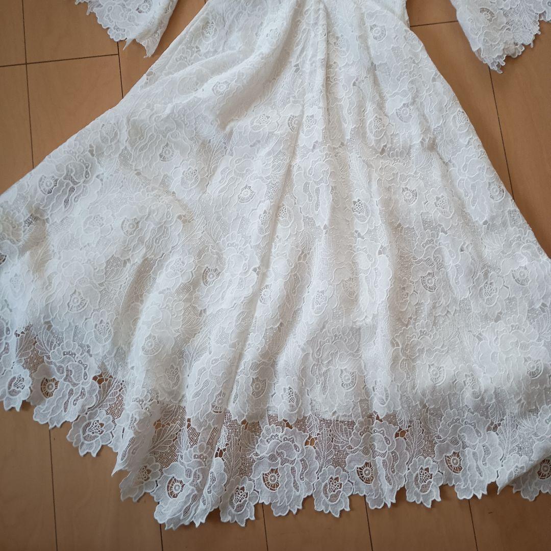 美品◆ジェンヌ　総レース8分フレア袖ワンピース　S　　ホワイト