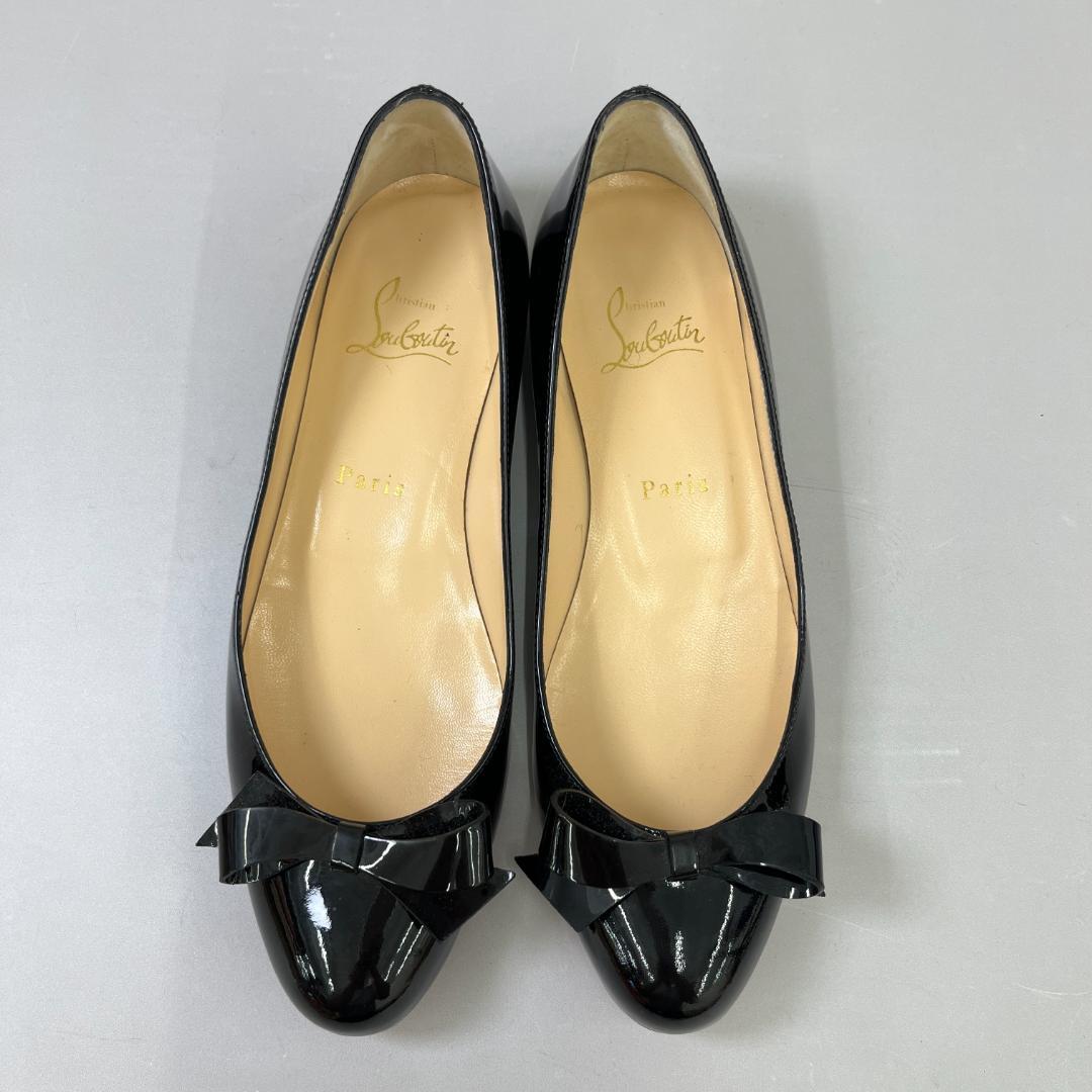 ルブタン フラットシューズ 37 24cm程度 ブラック 黒 エナメル リボン