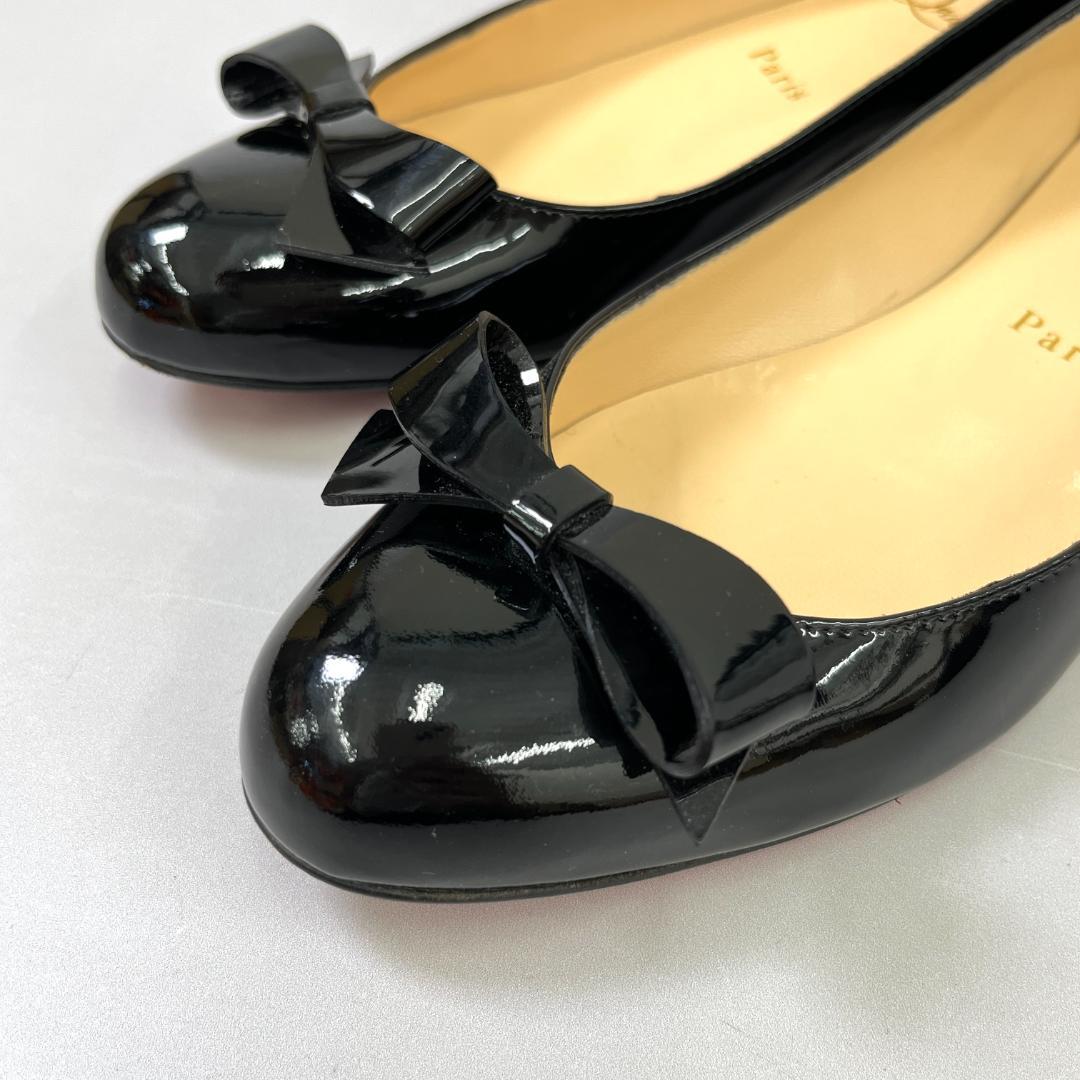 ルブタン フラットシューズ 37 24cm程度 ブラック 黒 エナメル リボン