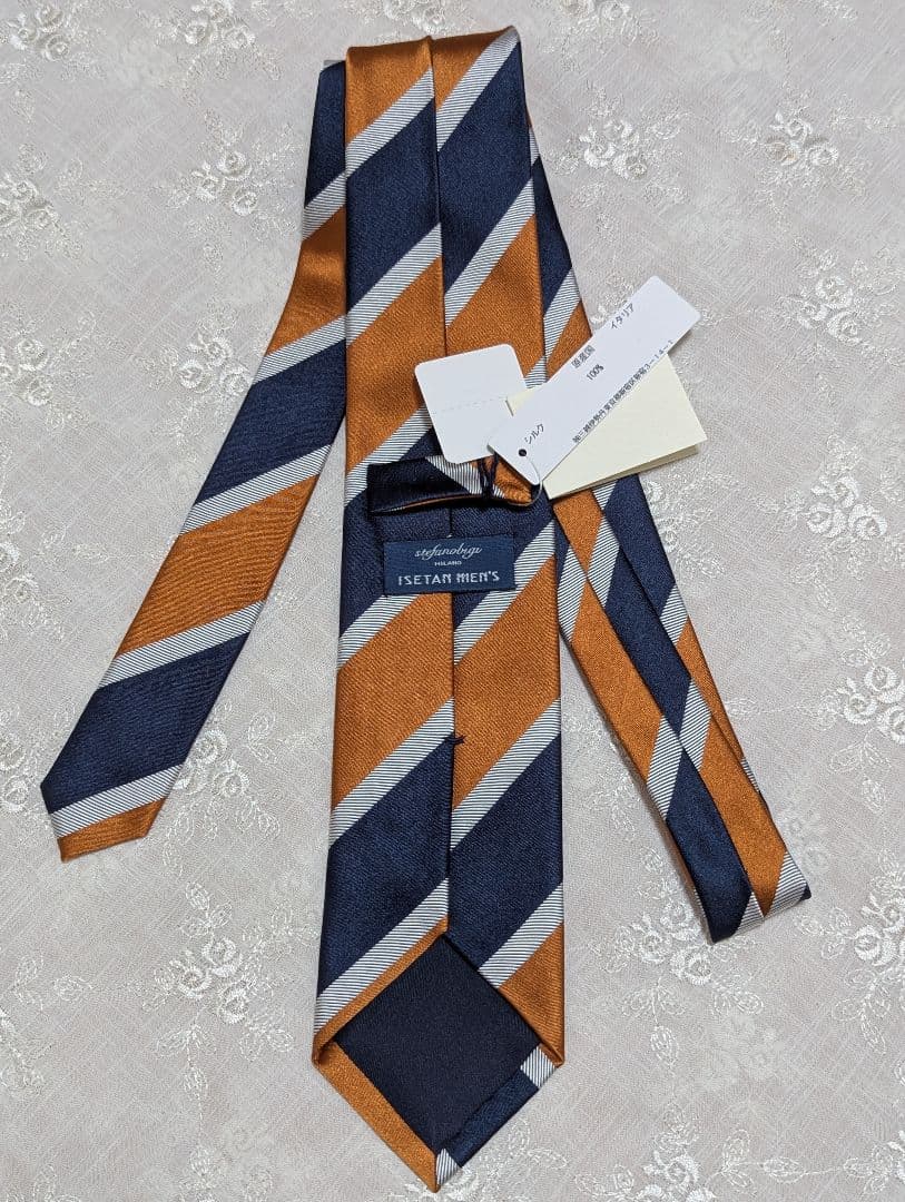 新品未使用★ステファノビジ　レジメンタル　シルクタイ　オレンジ　ネイビー