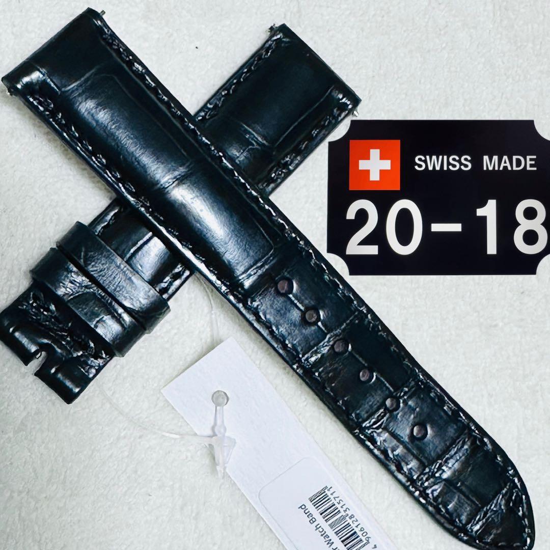 3033#20mm-18mmブラック★本物クロコダイルレザーベルト★スイス製