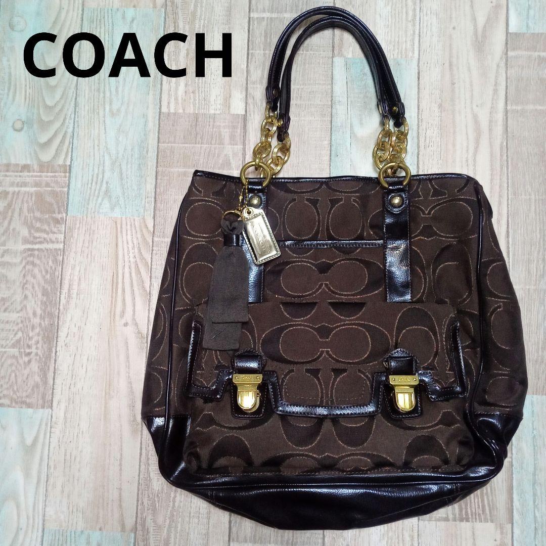 COACH　トートバッグ　シグネチャー　コーチ　ハンドバッグ　チャーム　ブラウン