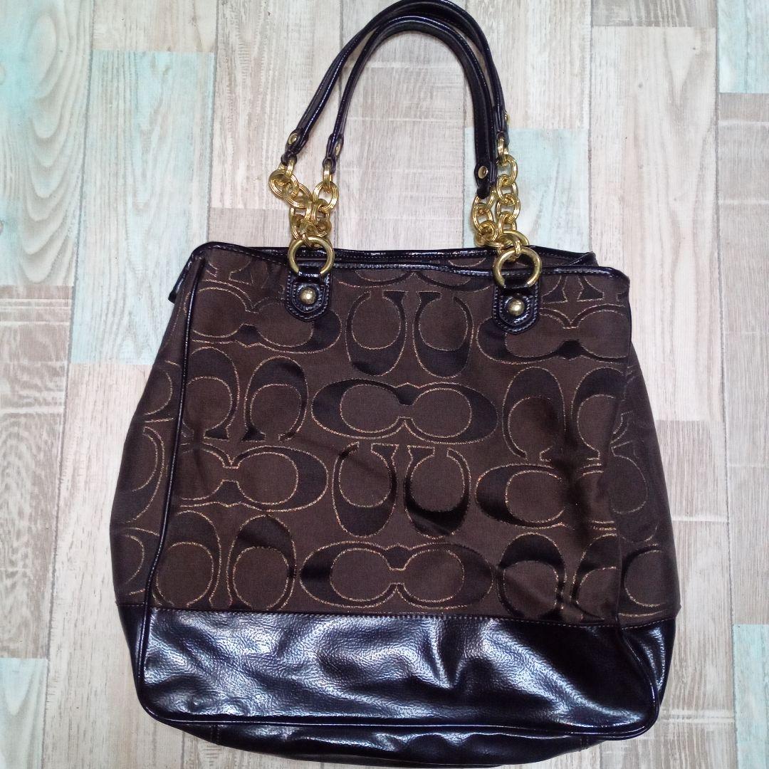 COACH　トートバッグ　シグネチャー　コーチ　ハンドバッグ　チャーム　ブラウン