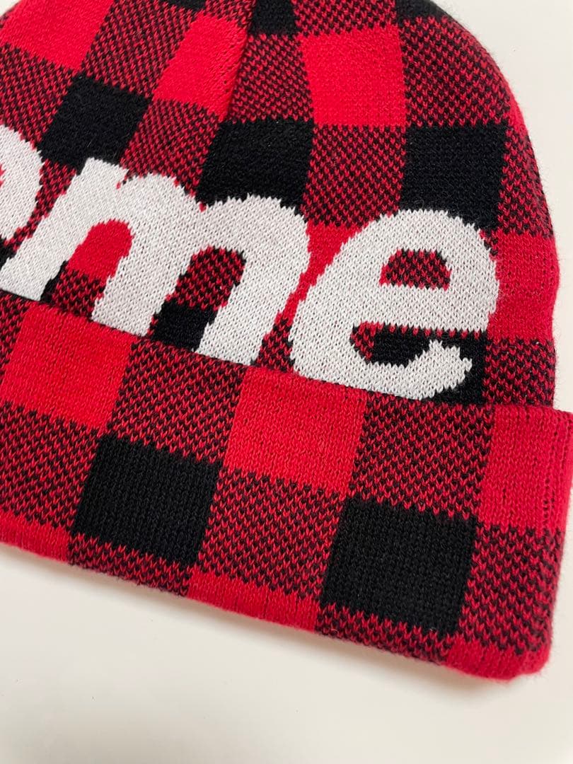 supreme big logo beanie check チェック　赤　美品