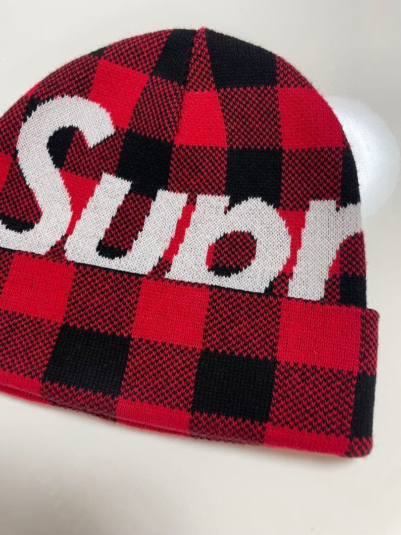 supreme big logo beanie check チェック　赤　美品