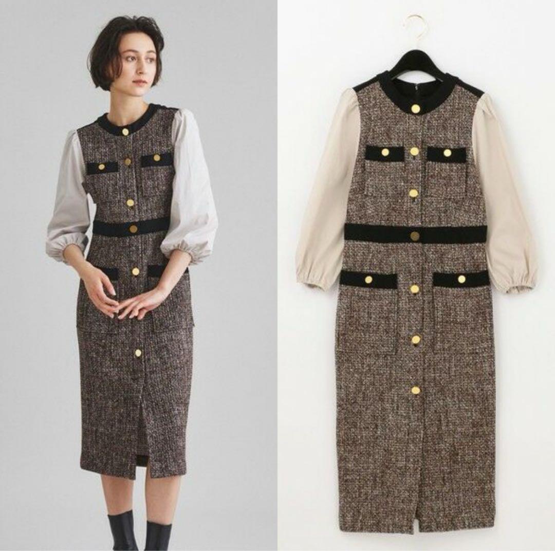 ツイードミディドレス シースルー袖