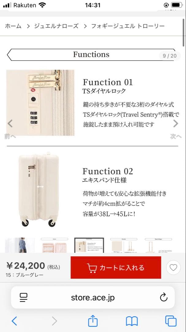 Jewelna Rose フォギージュエル トローリー 38/45L グレー