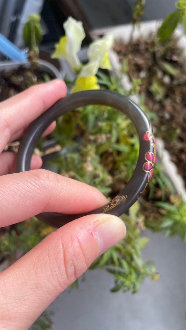 天然 和田玉 青海産 帝王紫 細め バングル 蒔絵