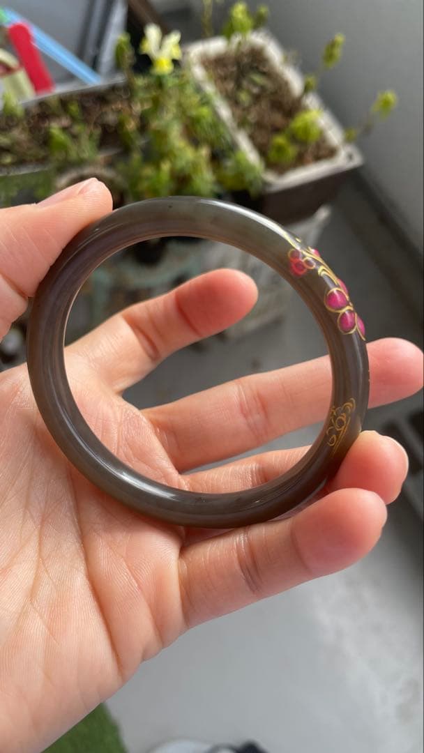 天然 和田玉 青海産 帝王紫 細め バングル 蒔絵