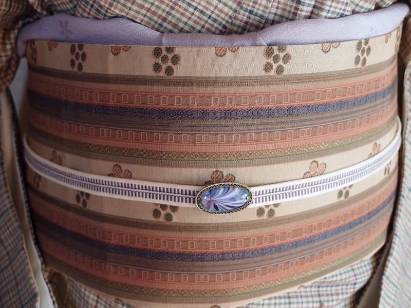 袋名古屋帯（縞に梅鉢文）長372　全通総柄　正絹美品