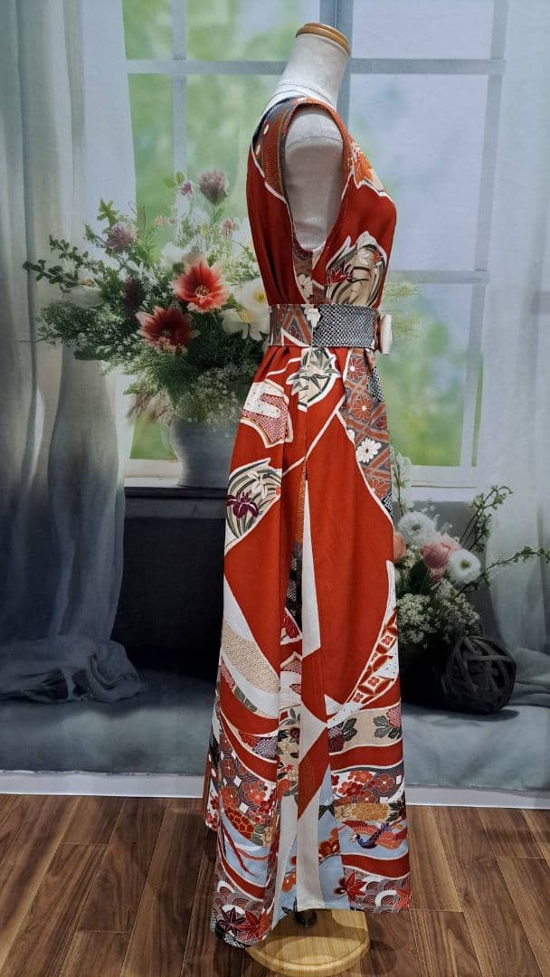 着物リメイク　ワンピース　ドレス　振袖　正絹　前後リバーシブル　ハンドメイド