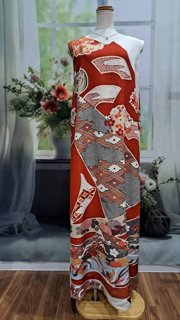 着物リメイク　ワンピース　ドレス　振袖　正絹　前後リバーシブル　ハンドメイド