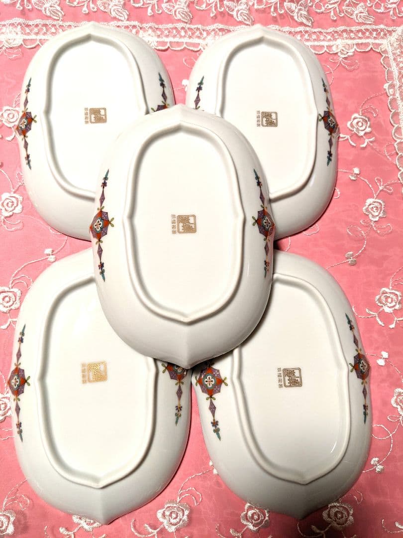 希少　前畑陶器　庫山窯　楕円皿5枚金彩　光彩雅　木甲銘々皿揃　新品