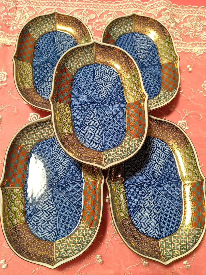 希少　前畑陶器　庫山窯　楕円皿5枚金彩　光彩雅　木甲銘々皿揃　新品