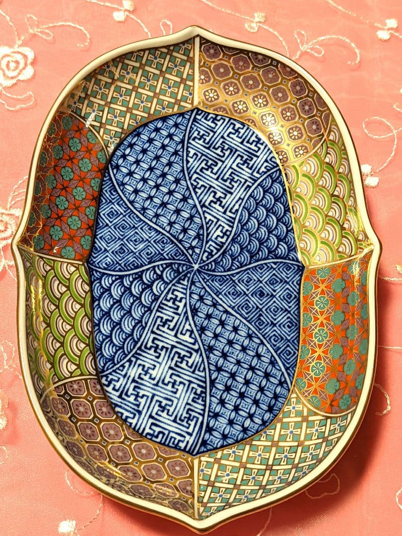 希少　前畑陶器　庫山窯　楕円皿5枚金彩　光彩雅　木甲銘々皿揃　新品