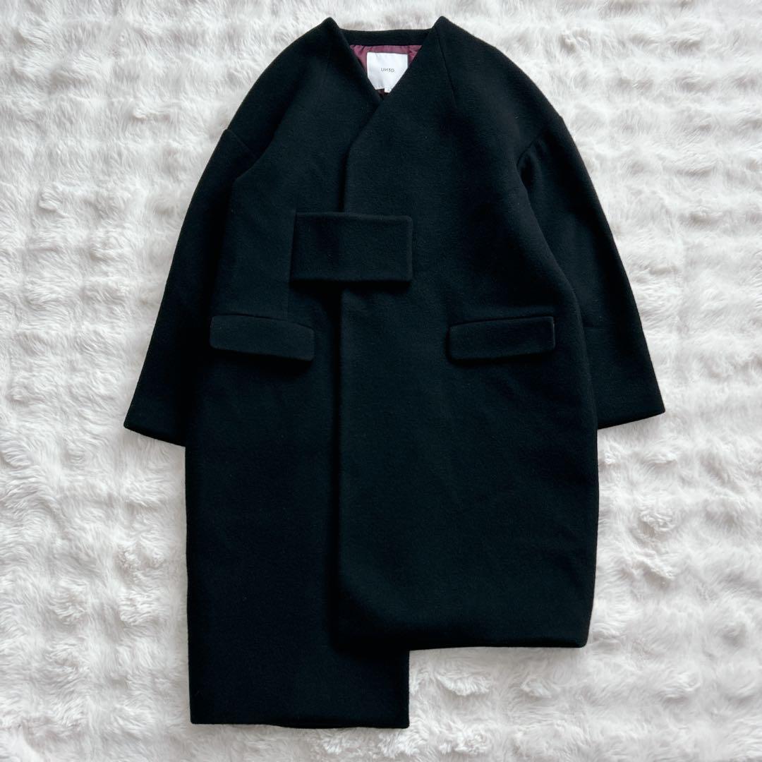 アンスリード★アシンメトリー　ブロッキング　コート　ノーカラー　ブラック