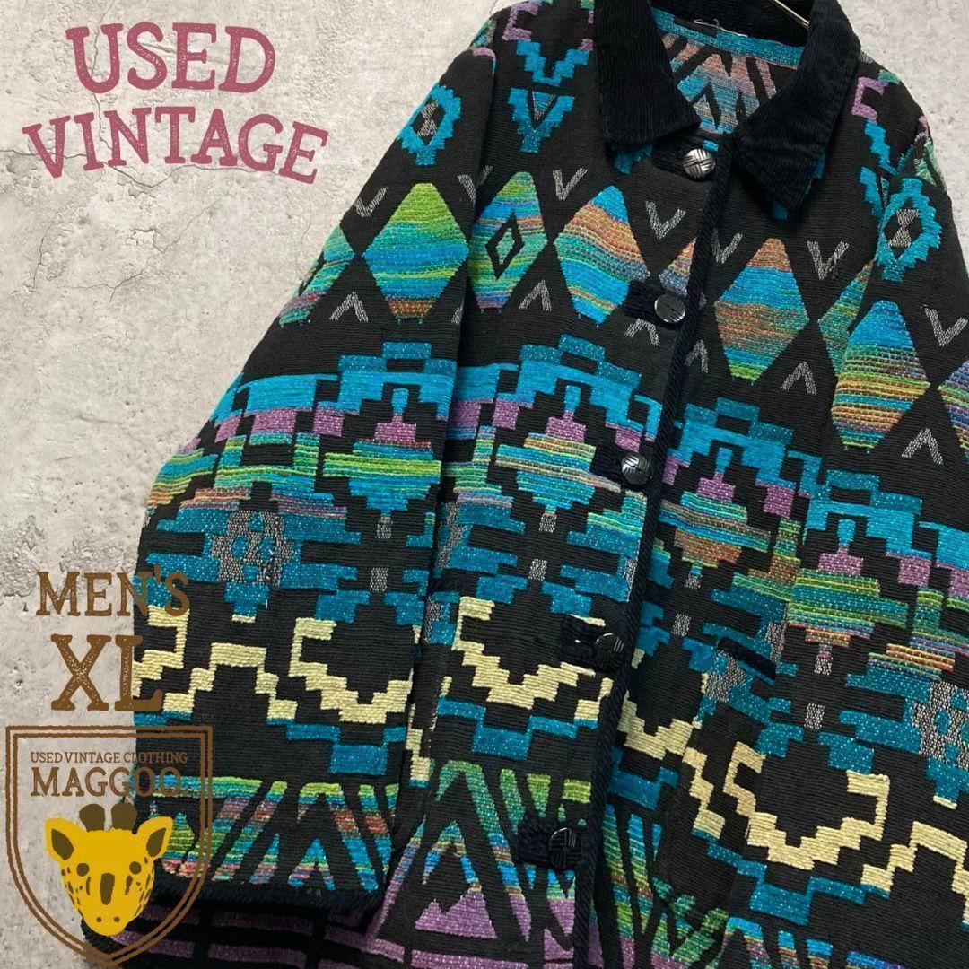 US古着【ネイティブ 総柄 民族 ゴブラン ブランケット ジャケット】メンズXL