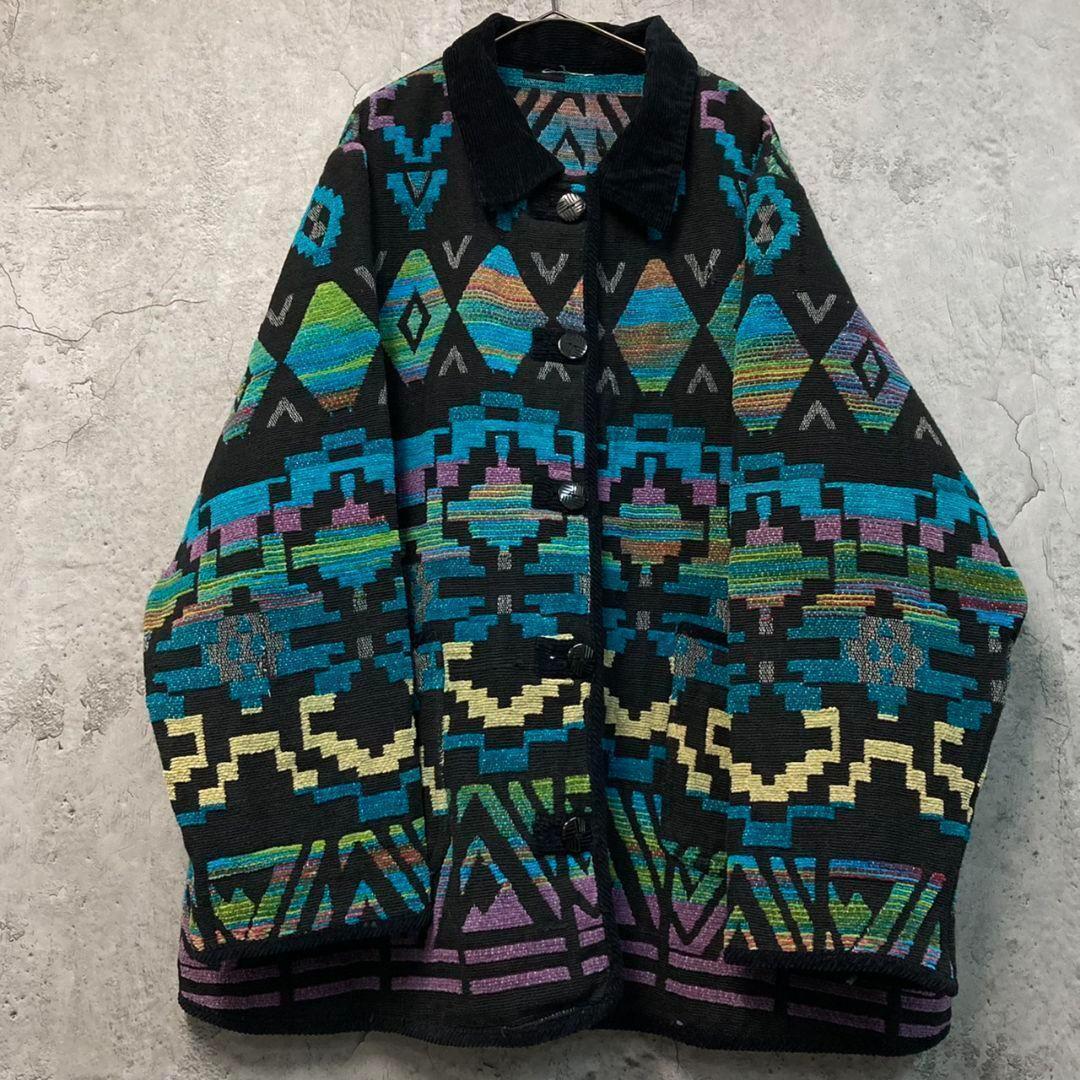 US古着【ネイティブ 総柄 民族 ゴブラン ブランケット ジャケット】メンズXL