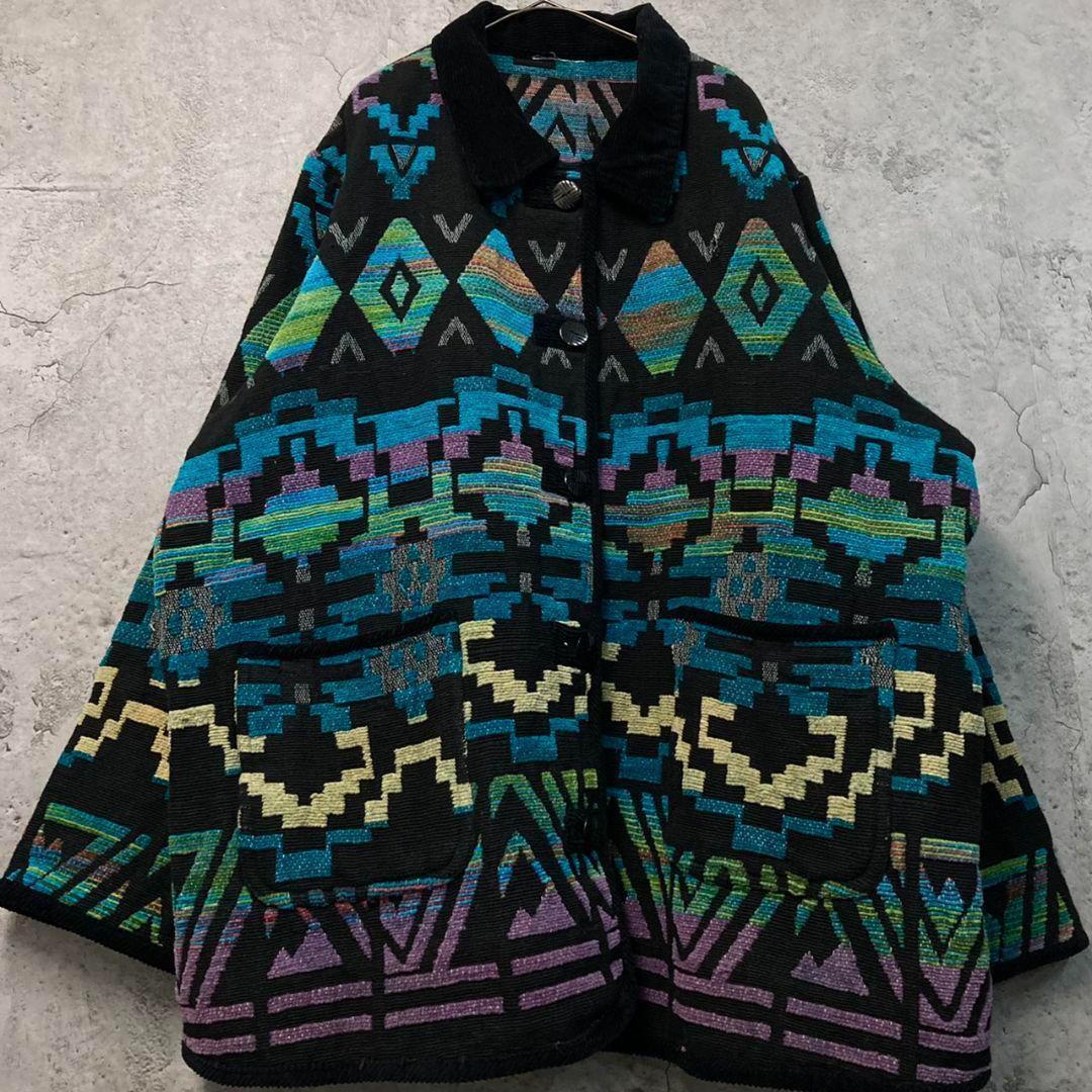 US古着【ネイティブ 総柄 民族 ゴブラン ブランケット ジャケット】メンズXL