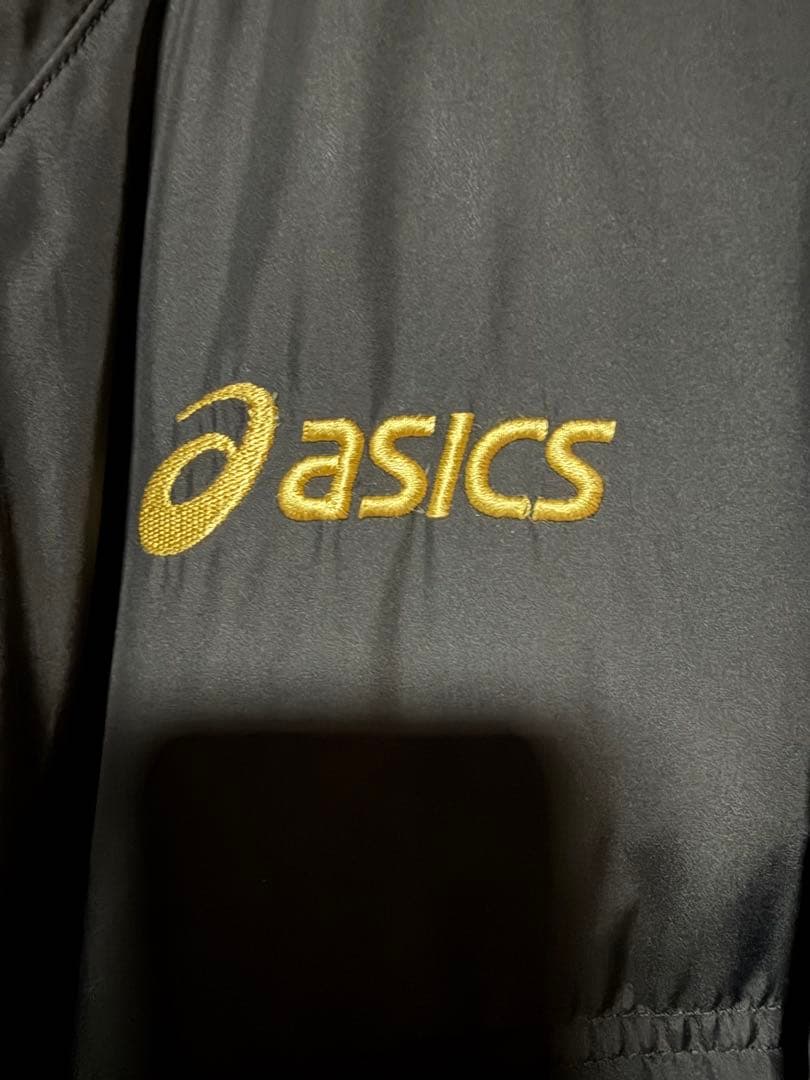 ASICS アシックス ロングベンチコート 黒×金 M JASPO 中綿 防寒
