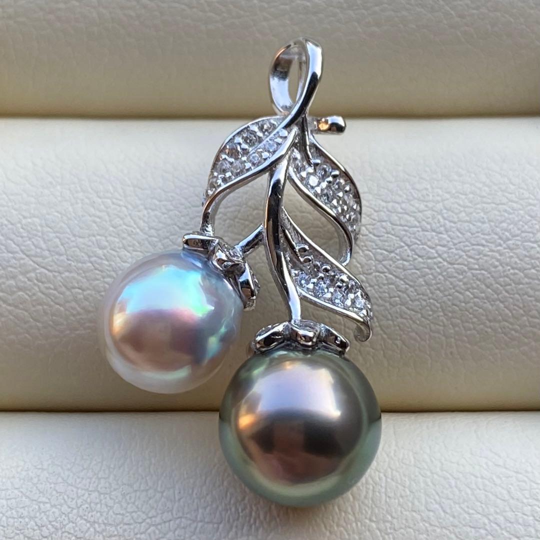 本真珠　南洋黒蝶真珠&あこや真珠ネックレストップ9.2&8mmグリーンPT836