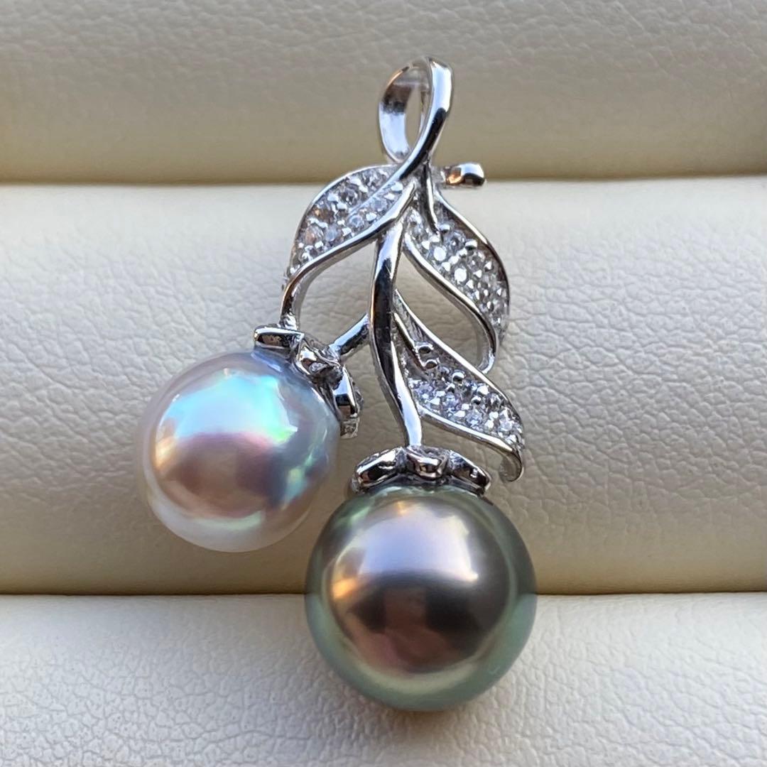 本真珠　南洋黒蝶真珠&あこや真珠ネックレストップ9.2&8mmグリーンPT836