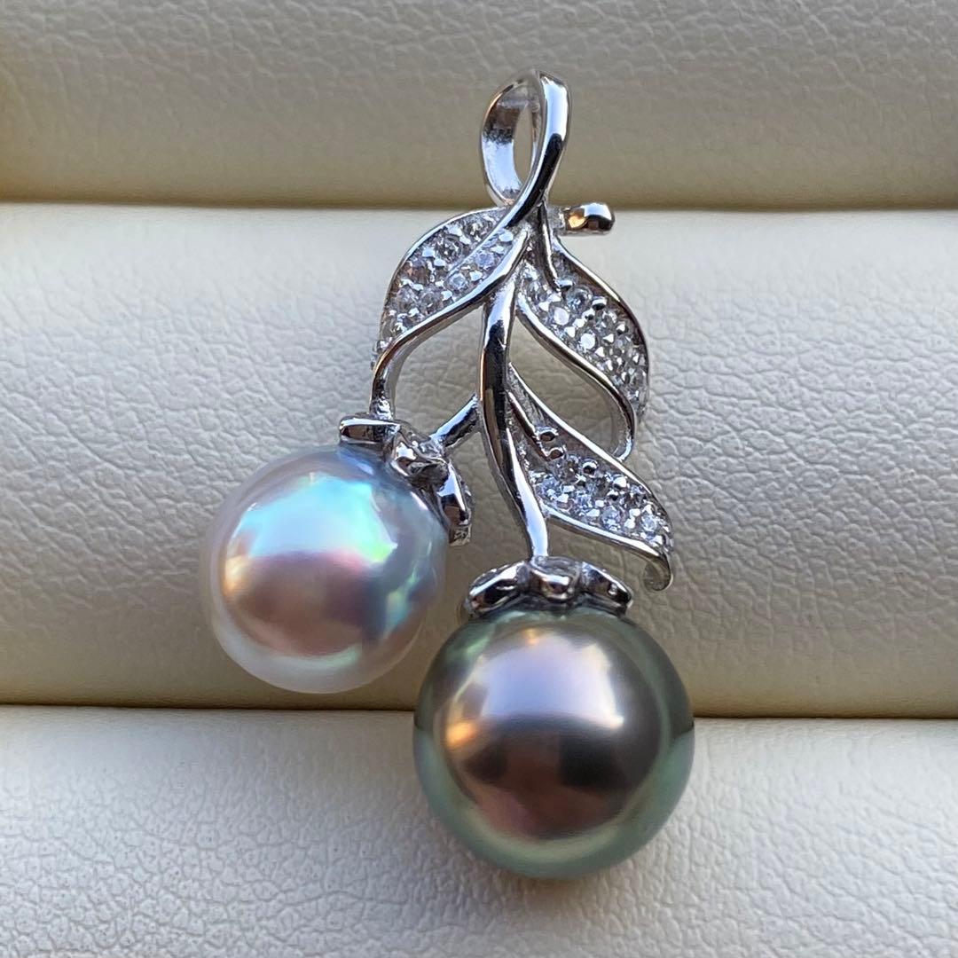 本真珠　南洋黒蝶真珠&あこや真珠ネックレストップ9.2&8mmグリーンPT836