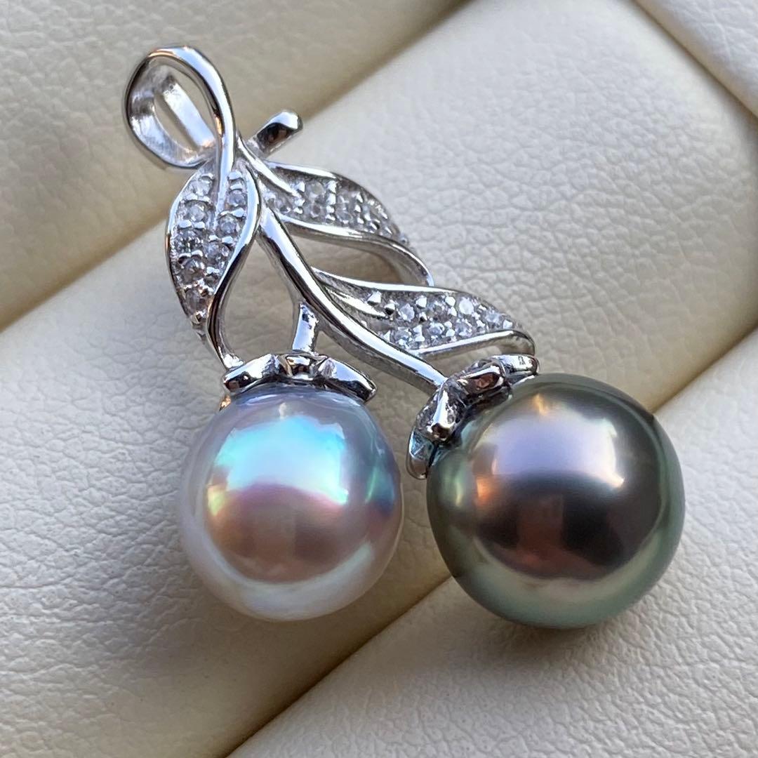 本真珠　南洋黒蝶真珠&あこや真珠ネックレストップ9.2&8mmグリーンPT836