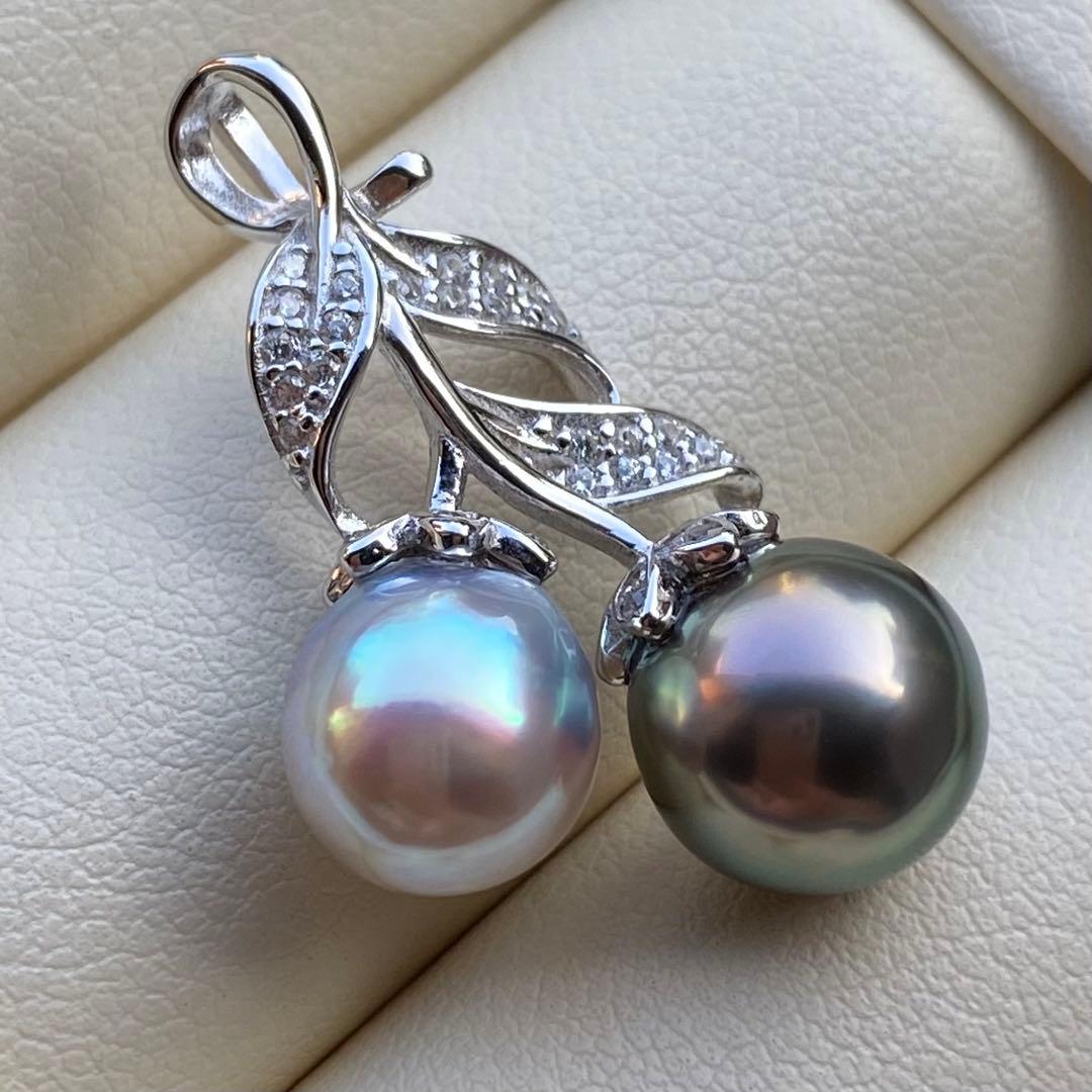 本真珠　南洋黒蝶真珠&あこや真珠ネックレストップ9.2&8mmグリーンPT836