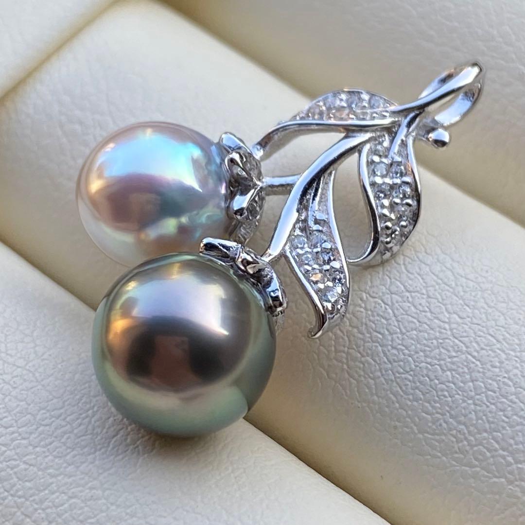 本真珠　南洋黒蝶真珠&あこや真珠ネックレストップ9.2&8mmグリーンPT836