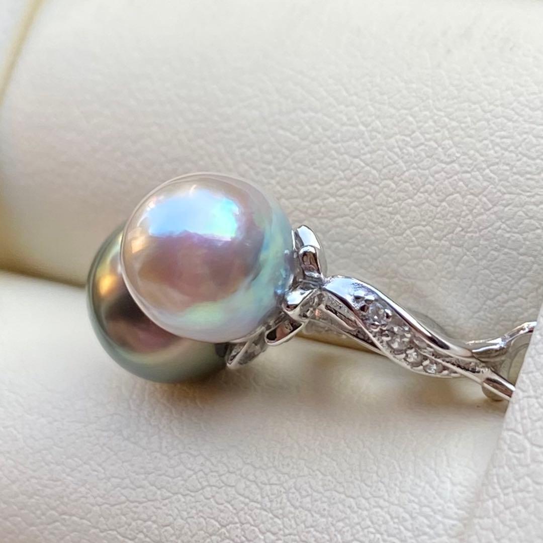 本真珠　南洋黒蝶真珠&あこや真珠ネックレストップ9.2&8mmグリーンPT836