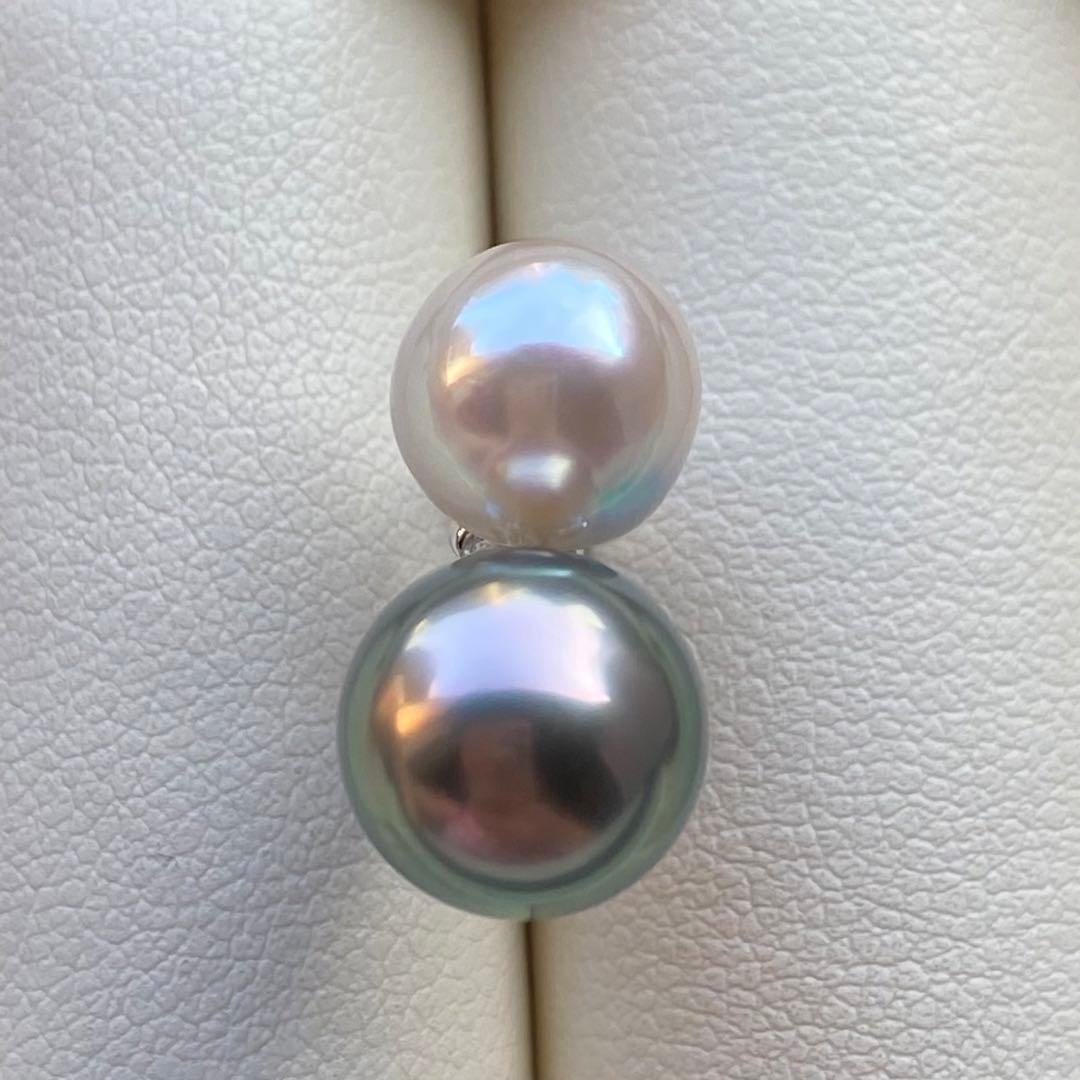 本真珠　南洋黒蝶真珠&あこや真珠ネックレストップ9.2&8mmグリーンPT836