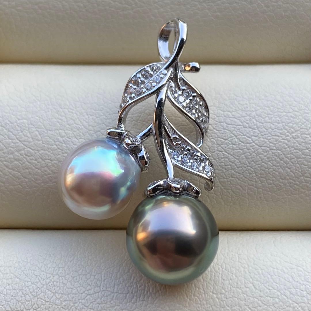 本真珠　南洋黒蝶真珠&あこや真珠ネックレストップ9.2&8mmグリーンPT836