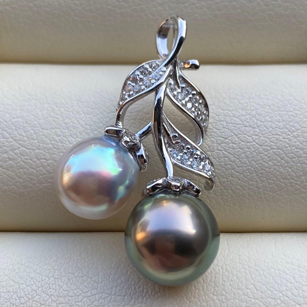 本真珠　南洋黒蝶真珠&あこや真珠ネックレストップ9.2&8mmグリーンPT836