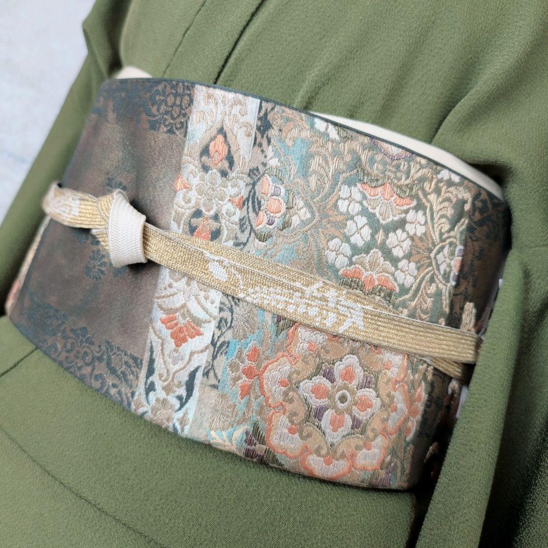 色無地　着物　フルセット　正絹　緑　縮緬　祝い事　寿　F5