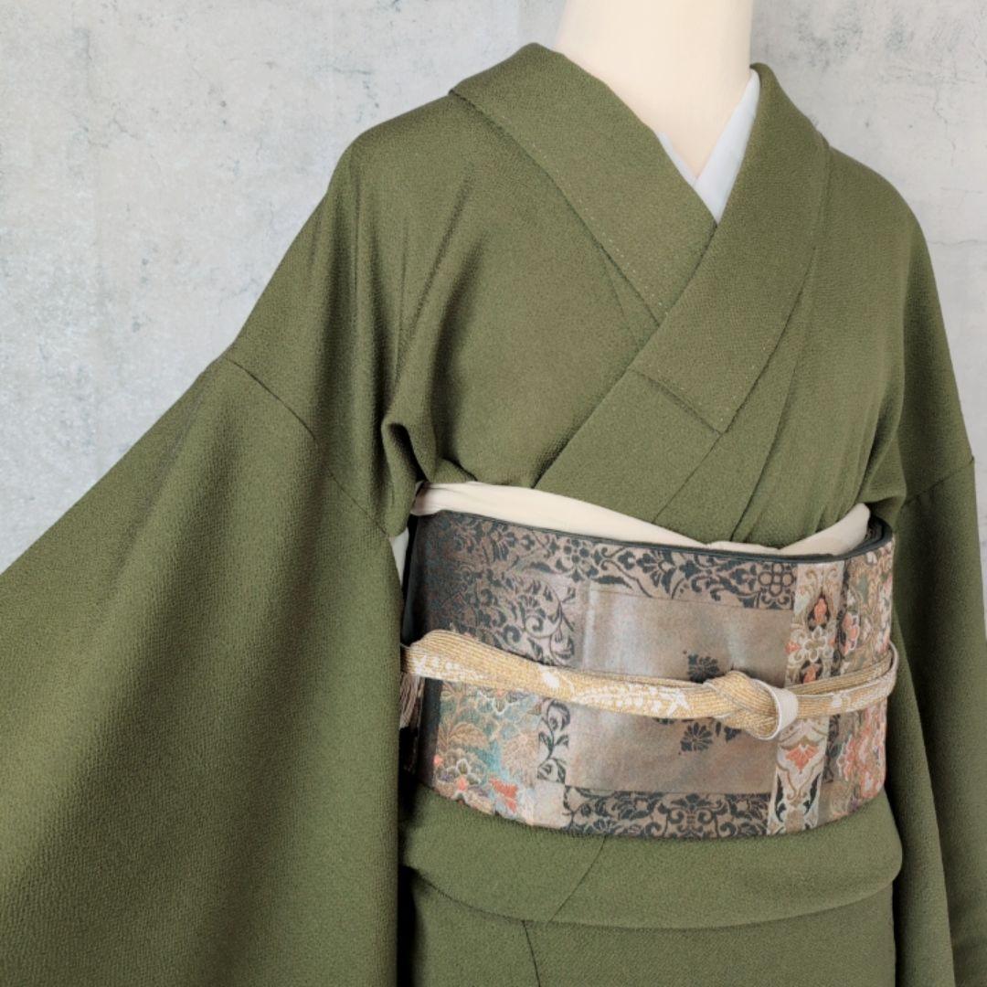 色無地　着物　フルセット　正絹　緑　縮緬　祝い事　寿　F5
