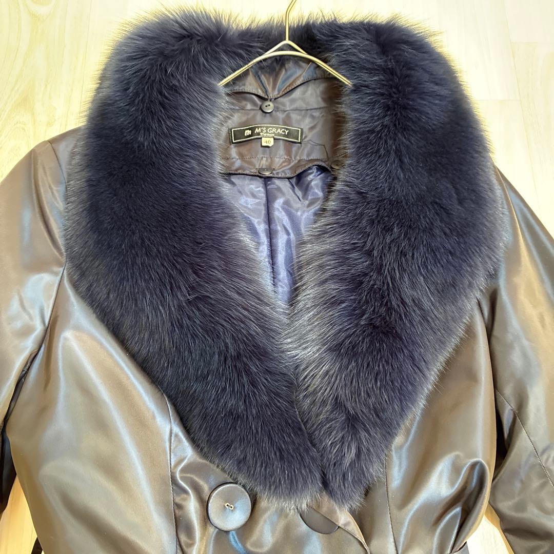 M'S GRACY ブルーフォックスファー衿 ライナー付 ロングコートサイズ40
