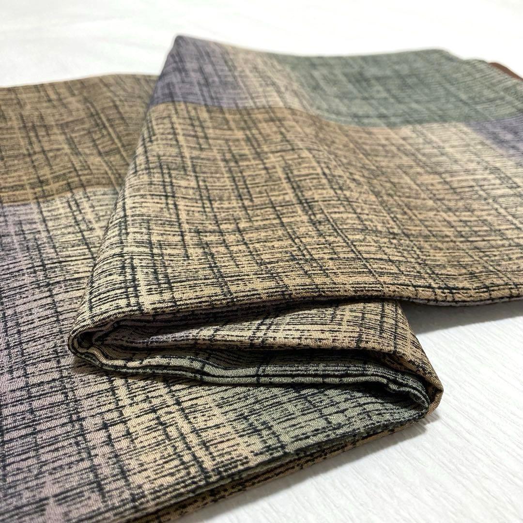 【美品✨】東レシルック　洗える着物　小紋　変わり格子　ベージュ　灰緑　日本製P3