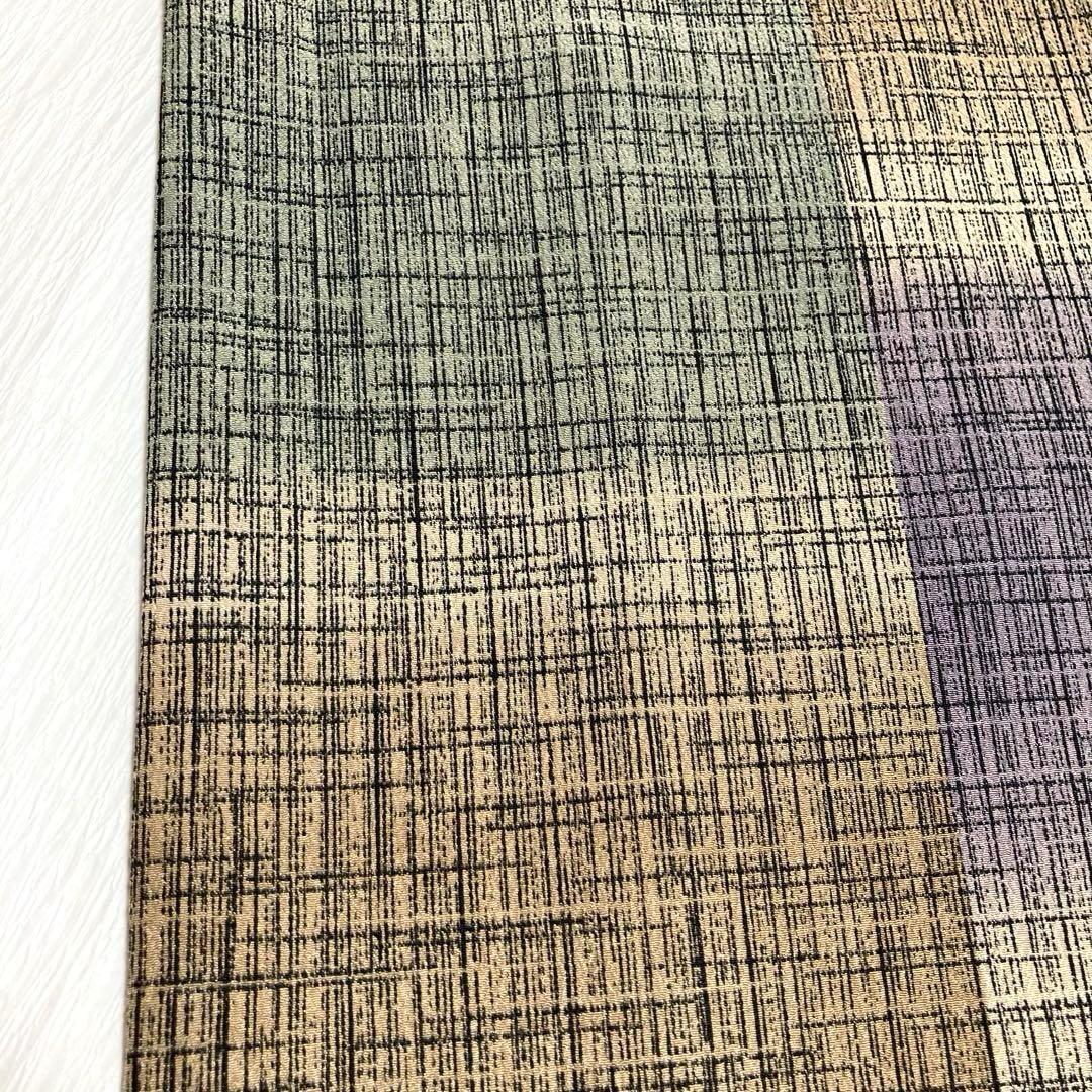 【美品✨】東レシルック　洗える着物　小紋　変わり格子　ベージュ　灰緑　日本製P3