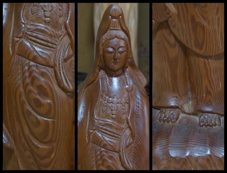 古杉 細工彫り『聖観音菩薩像』大型木製立像仏像仏教美術 美しい木目 高さ51㎝