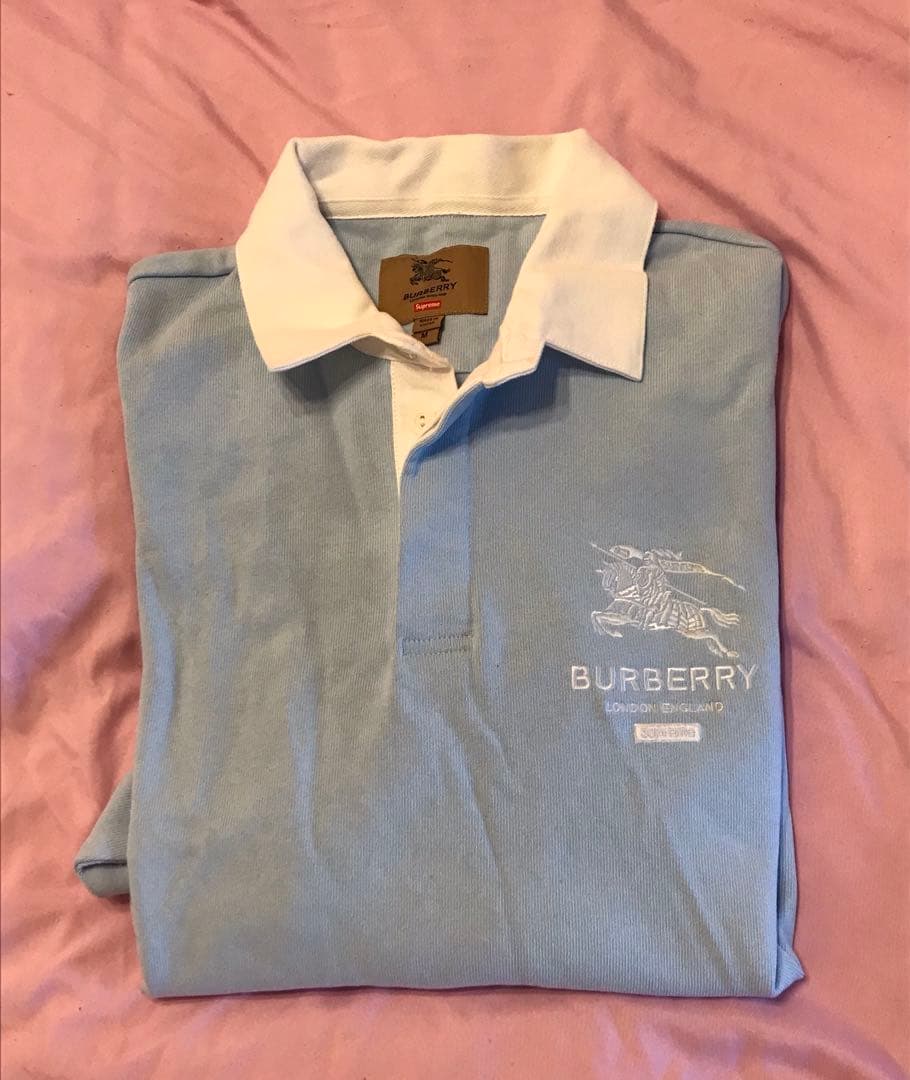 シュプリーム　BURBERRY ラガー　長袖ポロシャツ ブルー　M