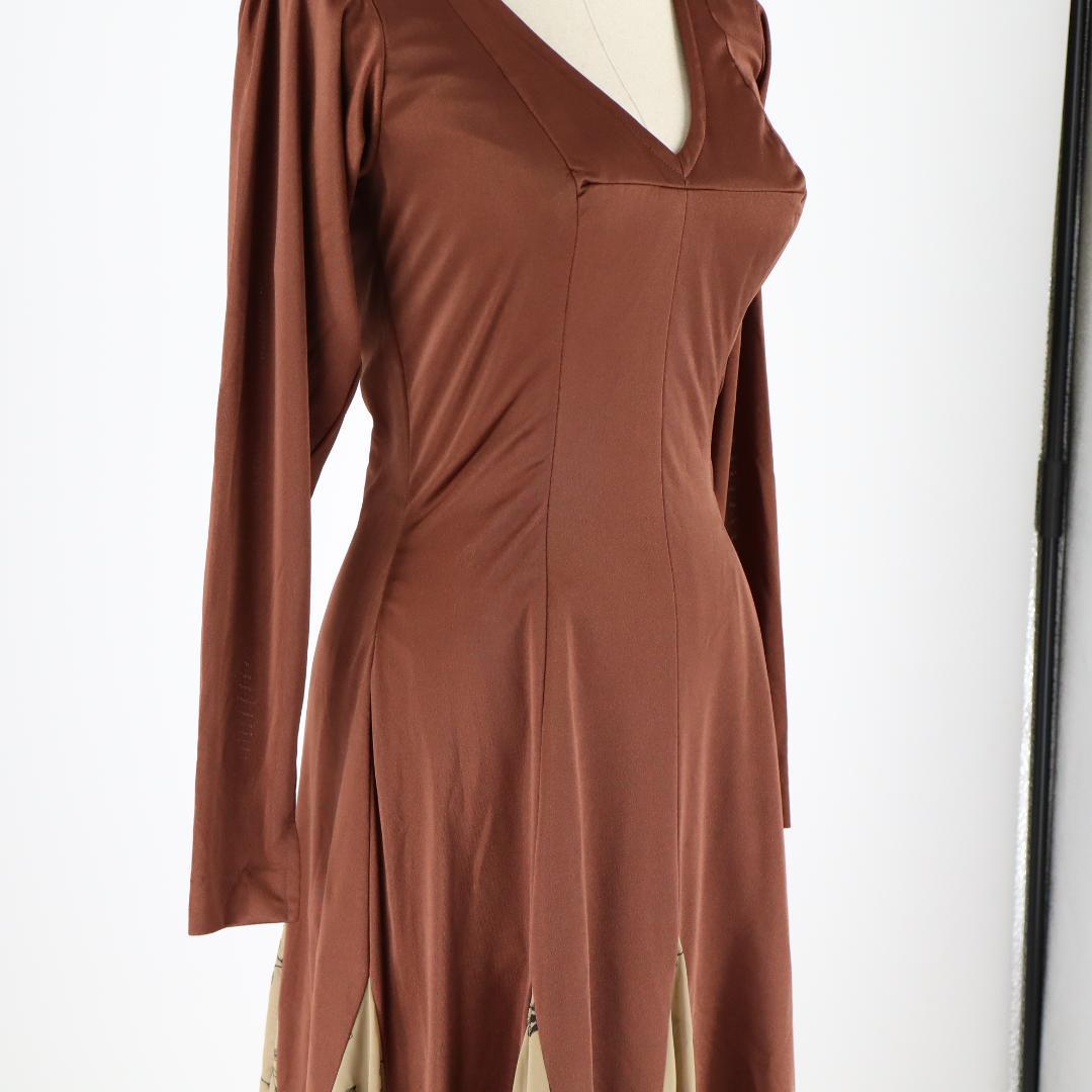 【美品フラメンコ衣装】光沢ブラウン×刺繍花柄 ドレス 大きく広がる裾 ワンピース