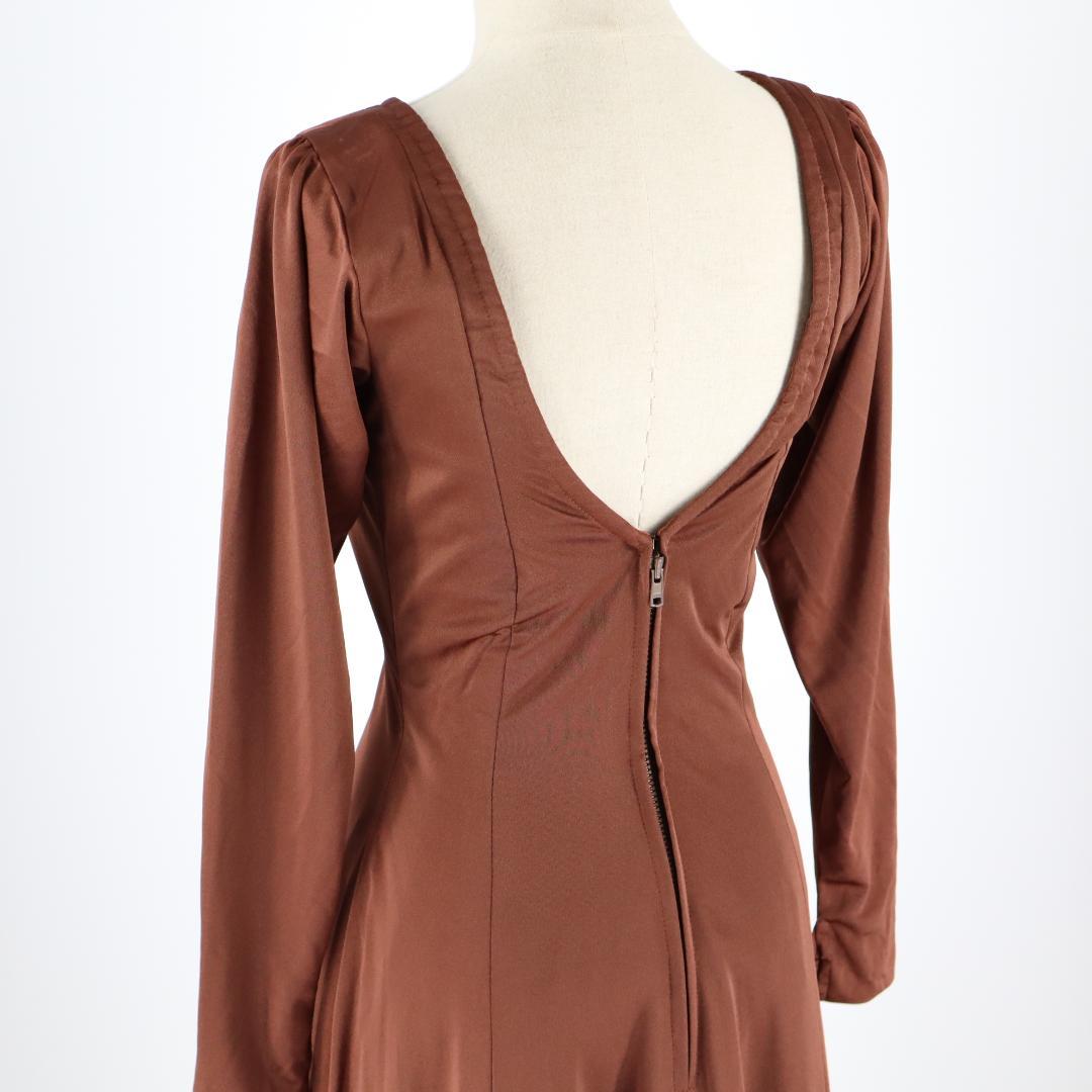 【美品フラメンコ衣装】光沢ブラウン×刺繍花柄 ドレス 大きく広がる裾 ワンピース