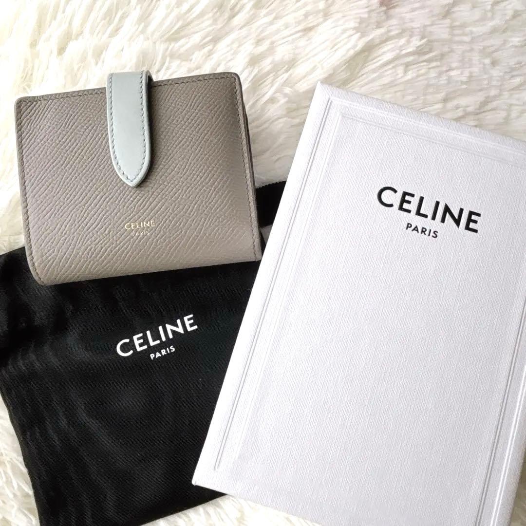 美品✨️CELINE 二つ折り財布 スモールストラップウォレット グレージュ 水色