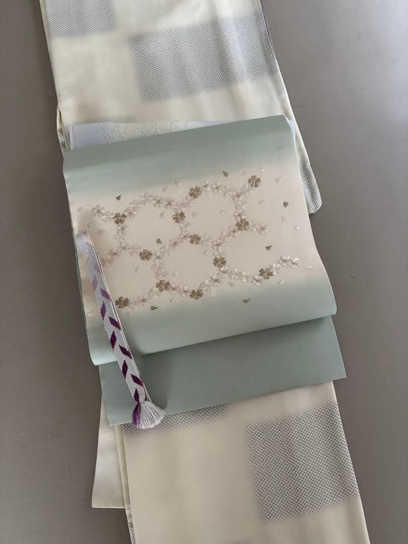 正絹 塩瀬地 暈し染め 刺繍 桜 六角文様 九寸名古屋帯